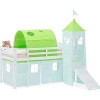 Homestyle4u Hochbett mit Rutsche 90x200 cm - Kinderbett aus robustem Kiefernholz mit sicherer Rutsche und grünem Turm-Tunnel-Vorhang. Ideal für kreative Spielstunden und erholsamen Schlaf – entspricht höchsten Sicherheitsstandards.