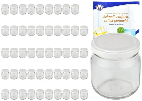 MamboCat Einmachglas 50er Set 212 ml mit Rezeptheft - Einmachgläser-Set mit 50 Sturzgläsern (212 ml) und weißen Twist-Off-Deckeln. Ideal zum Konservieren und kreativen Kochen, inklusive Rezeptheft für inspirierende Ideen.