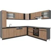 Vicco Winkelküche R-Line J-Shape, Goldkraft Eiche/Anthrazit - Moderne Küchenzeile mit 17 Modulen für individuelle Gestaltung. Die praktische Ecklösung bietet viel Stauraum und passt sich dank höhenverstellbarer Füße jeder Küchenhöhe an.