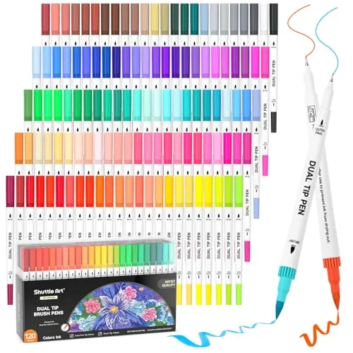 Shuttle Art Dual Brush Pen Set, 120 bunte Filzstifte doppelköpfige Pinselstifte mit weicher Spitze, Aquarellstifte mit zwei Arten von Schreibfedern Fasermaler (1-2mm) & Fineliner(0,4mm), doppelseitig