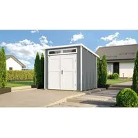 Weka Holz-Gartenhaus 264 Pultdach, lasiert und modern - Holz-Gartenhaus mit 4,91 m², breitem Eingang und robuster Konstruktion. Ideal für die Aufbewahrung von Gartenutensilien und Möbeln, einfach montierbar dank Steck-Schraubsystem.
