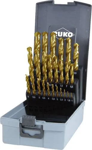 RUKO 250215TRO HSS-G Spiralbohrer-Set 25-teilig - Hochleistungs-Schnellarbeitsstahl, 300-400% höhere Standzeit durch Titan-Nitrit-Beschichtung