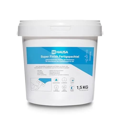 Super Finish Spachtelmasse Fertigspachtel für Innen Feinspachtel Trockenbau Spachtel Gipsspachtel Feinputz Fertigspachtelmasse Spachtelgips Flächenspachtel Q1-Q4 Masse Gips Füll weiß 1,5kg HAUSA