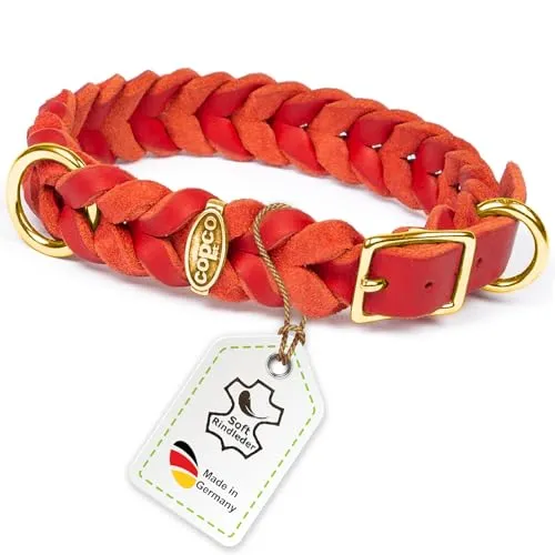 CopcoPet Hundehalsband aus Fettleder 50–55 cm x 25mm Rot – Geflochtenes Lederhalsband – Messing mit Dornschließe – Robust & verstellbar – Für große Hunde, ideal für Alltag & Training
