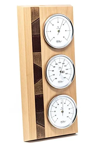 Fischer 9171 Wetterstation aus Echtholz - Made in Germany - Elegante Innenwetterstation mit Thermometer, Barometer und Hygrometer in edlem Edelstahlrahmen. Hochwertiges Echtholz-Gehäuse mit Intarsien, perfekt für stilvolle Wohnräume.