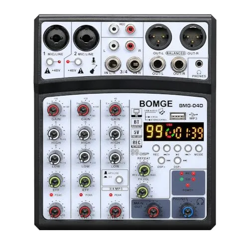 BOMGE Professionelles 4-Kanal 99DSP DJ-Audio-Mixer-Interface, Desktop-Karaoke-Mischpult mit MP3-Eingang, USB, Bluetooth-Eingang, Stereo-Aufnahme und 48-V-Phantomspeisung