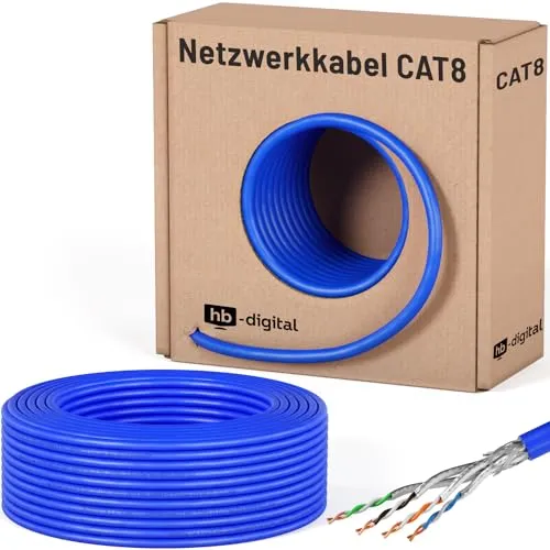 HB-DIGITAL 50m CAT 8 Netzwerkkabel LAN Kabel Verlegekabel Ethernet Installationskabel 40 Gbit/s AWG 22/1 reines Kupfer S/FTP LSZH BauPVO Klasse B2ca Datenkabel Simplex - Blau