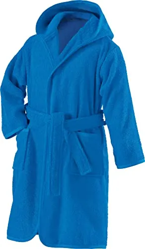 Erwin Müller Kinder-Bademantel mit Kapuze Uni Frottier blau Größe 110/116 - weich, flauschig, saugstark, mit Bindegürtel und Taschen, 100% Baumwolle