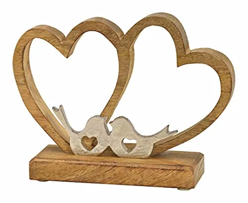 Spetebo Deko Doppelherz aus Mango Holz mit Metall Vögeln - Holzherz Tisch Deko Skulptur