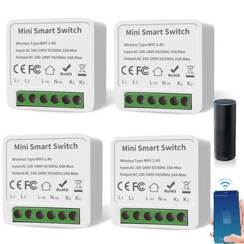 Stück Smart Lichtschalter Modul 2 Wege, Mini DIY WLAN Schalter Passt hinter Wandschalter, Smart Lichtschalter Modul Kompatibel mit Tuya App, Alexa und Google Home 4