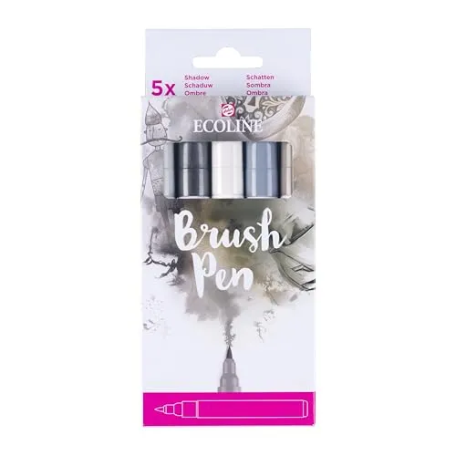 Ecoline Brush Pen-Set mit 5 flüssigen Aquarellstiften – Graufarbtöne | Mischbare Pinselstifte für Handlettering, Zeichnen und Basteln