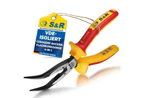 S&R Flachrundzange VDE gebogen, mit Schneide, Spitzzange hitze- und induktionsgehärtet, 1-tlg., Härte HRC 66, 2-Komponenten-Griffe mit Abrutschschutz