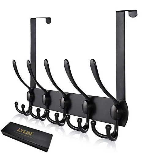 LYLIN Türhaken Edelstahl, Türgarderobe mit 15 Haken, Kleiderhaken Tür Ohne Bohren, Garderobenhaken tür für Küche, Badezimmer, Flur und Schlafzimmer (Matt Schwarz, Türfalzstärken bis 4.5cm)