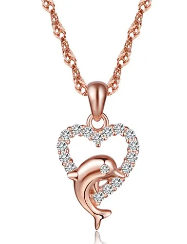Unendlich U Elegant Herz Delfin Delphin Damen Halskette 925 Sterling Silber Zirkonia Anhänger Kette mit Herzanhänger, Rosegold