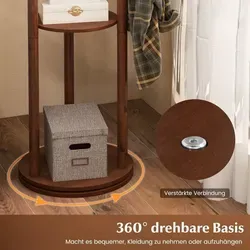 Drehbare Garderobe aus Holz mit 3 Ablagen und 9 Haken, Walnuss