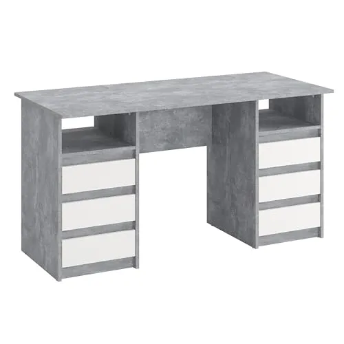 KOMTO Oslo Schreibtisch mit Schubladen - 140 x 60 cm - Moderner Bürotisch in Beton + Weiß, 6 Schubladen für optimalen Stauraum und große Arbeitsfläche. Ideal für Büro, Home Office oder Jugendzimmer.