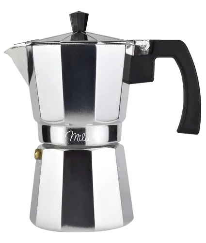 Milu Espressokocher (No Induktion) - 2, 3, 6, 9 Tassen Aluminium Mokkakanne, inkl. Untersetzer, Löffel und Bürste, hitzebeständig und leicht zu reinigen