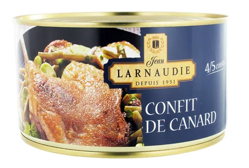 Jean Larnaudie Confit de Canard - 4 bis 5 Entenkeulen 1240g - Fleischkonserven: Zartes Entenconfit, eingelegt in hochwertigem Entenfett, ideal zum schnellen Zubereiten. Genießen Sie französische Qualität mit Bratkartoffeln!
