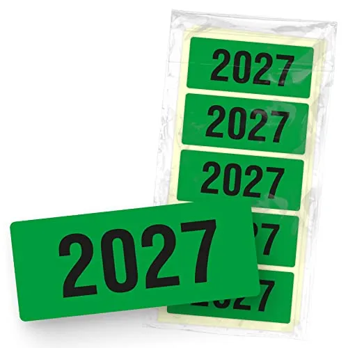 itenga 50x Jahresetiketten Ordner Inhaltsschild Jahreszahl I Aufkleber für Akten selbstklebend aus Haftpapier Rechteckig 6x2,5cm (Kalenderjahr 2027 (grün))