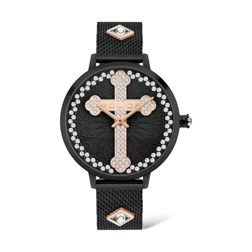 Police Unisex Erwachsene Analog Quarz Uhr PL16031MSB.02MMA - Armbanduhren für Herren mit elegantem schwarzen Edelstahlarmband und einem stilvollen rose-goldfarbenen Kreuz auf dem Ziffernblatt, ideal für jeden Anlass.