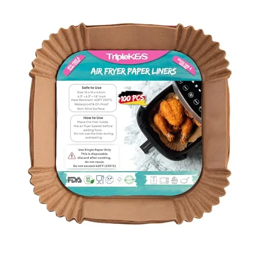 TRIPLE K&S Airfryer Backpapier Liners 100 Pcs 2-4,1L Non-Stick Parchment Paper, compatible with Xiaomi Philips Cosori Airfryer (100 Stücke 16x16cm)