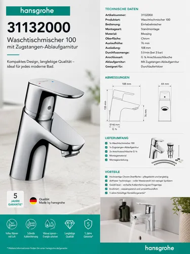 hansgrohe Focus Waschtischarmatur 31132000 - Waschtischarmatur mit ComfortZone 70, ideal für komfortable Nutzung, inklusive Zugstangen-Ablaufgarnitur und einstellbarer Temperaturbegrenzung.