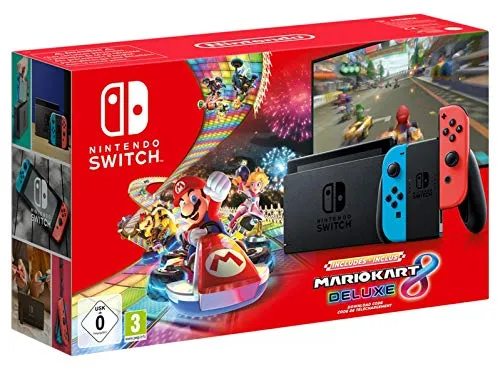 Nintendo Switch Neon-Rot/Neon-Blau (2019 Edition) mit Mario Kart 8 Deluxe