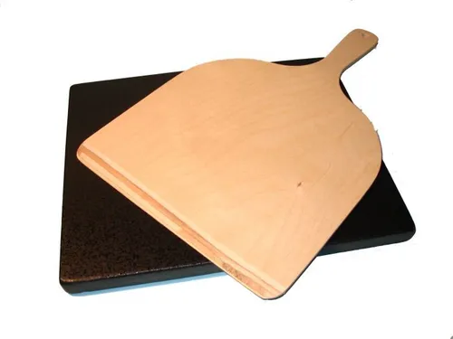 Set 375x300mm Pizzastein, Brotbackstein aus glasiertem Cordierit mit Holzschiebe