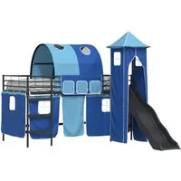vidaXL Kinderloftbett Schwarz und Blau 107 x 200 cm Metall - Modernes Hochbett mit Rutsche und Spielturm, ideal für kreative Rückzugsorte. Robuster Metallrahmen und stylische Vorhänge sorgen für Komfort und Privatsphäre im Kinderzimmer.