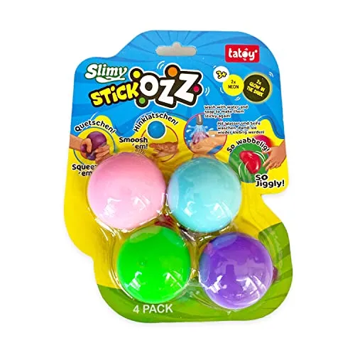 Tatoy Slimy StickOzz 4er Pack - 2 x Neon und 2 x GID Klebebälle zum Drücken, Quetschen und überall Hinwerfen, klebrige Spielbälle für Kinder, Sensory Antistress Fidget (ab 3 Jahre)