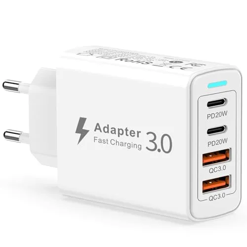 USB C Ladegerät, 40W 4Port USB Ladegerät Mehrfach USB Stecker Mehrfach, Schnellladegerät USB C Netzteil Handy Ladegerät USB C Ladestecker Adapter für iPhone 17 16 15 14 13 12,Samsung S23