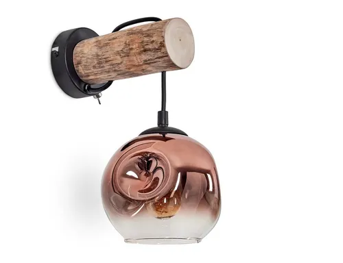 hofstein Wandleuchte Holz/Metall/Glas schwarz/natur/kupfer - Moderne Wandleuchte für Innenräume, kombiniert Holz, Metall und Glas. Ideal für Esszimmer, Flur oder Wohnzimmer. Mit praktischem An-/Ausschalter und Platz für ein E27-Leuchtmittel.