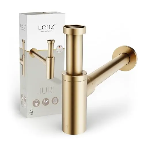 Lenz Design-Siphon JURI – Gold für Waschbecken - Siphon mit anpassbaren Rohrlängen und Reinigungsöffnung, ideal für alle gängigen Waschbecken. Anti-Fingerabdruck Oberfläche sorgt für sauberen Look, langlebig und korrosionsbeständig.