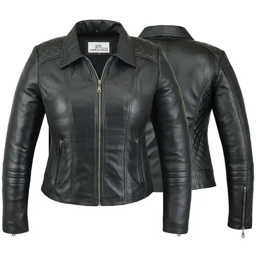 German Wear Damen Lederjacke Trend Fashion Echtleder Jacke aus Lamm Nappa Leder Schwarz, Größe:L