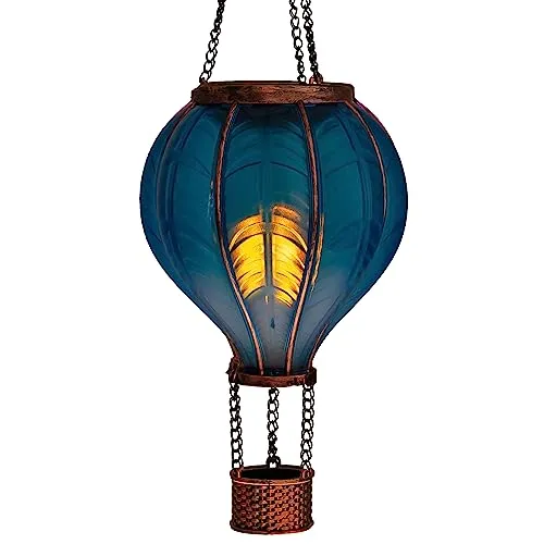 LED Solar Heißluftballon mit Flammeneffekt Beleuchtung | Lampion mit 20 warm-weißen Lichter | Gartenlaterne zum hängen | inkl. Metallkette | Gesamthöhe ca. 40,5 cm (Blau)