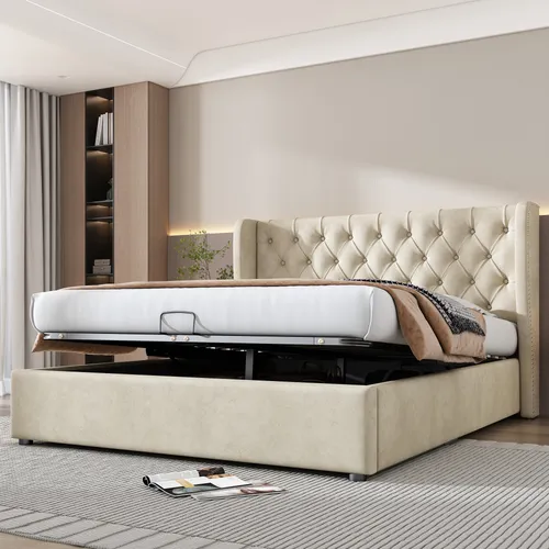 Polsterbett 140x200 cm mit Lattenrost und Bettkasten in Beige - Praktisches Stauraumbett mit gepolstertem Kopfteil und seitlichen Ohren. Der integrierte Bettkasten bietet zusätzlichen Platz und ist leicht zugänglich. Ideal für modernes Wohnen.