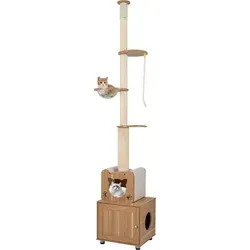 COSTWAY Deckenhoher Kratzbaum für Katzen, 257-276 cm, mit Katzenhaus und Sisal-Kratzstamm - Braun - Optimaler Spielplatz für Katzen: Höhenverstellbar, mit versteckter Katzentoilette und gemütlichem Katzenhaus. Fördert Bewegung und Krallenpflege. Ideal für jeden Wohnraum!