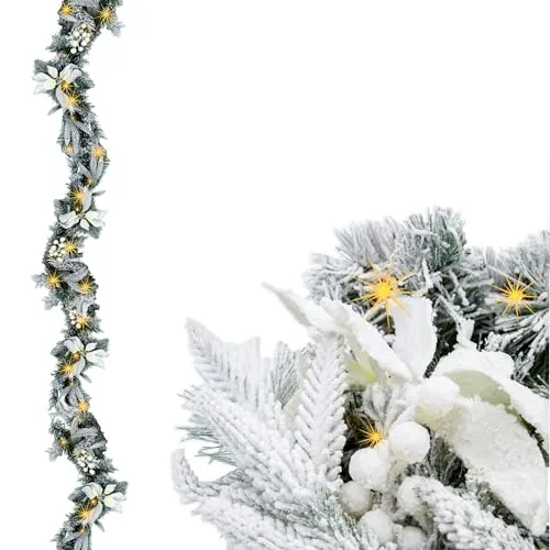 LED Tannengirlande mit Schnee und Blumen - 274 cm warm weiß beleuchtet - Weihnachtsgirlande mit 50 LED, batteriebetrieben und mit Timer. Kunstvolle Dekoration aus Kunststoff, ideal für stimmungsvolle Innenbeleuchtung in der Adventszeit.