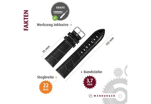 MARBURGER Uhrenarmband 22mm Leder Alligator Prägung