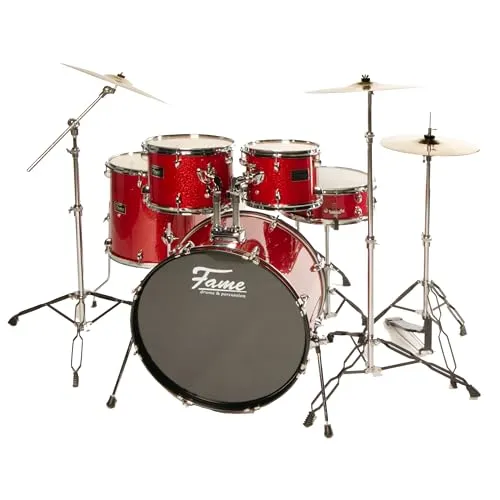 Fame FG22B-RD First Gig Rock Set, Red Sparkle, Komplettes Drum-Set, 22 Zoll BassDrum, Pappel-Kessel, Chrom-Hardware, inklusive Becken und Tomhalter, Ideal für Einsteiger