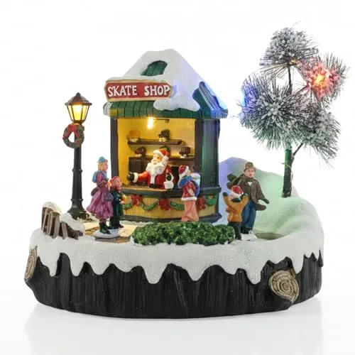 TIN DREAMS | Eislaufbahn Weihnachten mit Musik, Bewegung und Lichtern | Animierte Weihnachtsszene mit Eisläufern | Beleuchtetes Häuschen für Weihnachtsdorf, Miniatur oder Weihnachtsstadt mit Beleuchtu