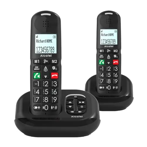 ALCATEL XL685 Voice Duo - Schnurloses Festnetztelefon DECT für Senioren im XL-Format mit Anrufbeantworter - Große Tasten - Audio Boost - Lautsprecher - Anrufblockierung - 2 Mobilteile - Schwarz