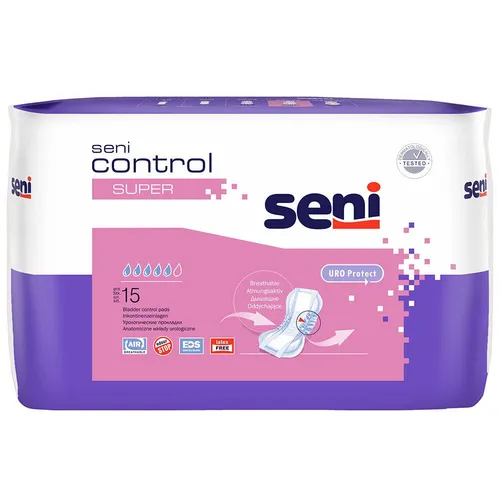 Seni Control Einlagen Super - Inkontinenzeinlagen mit anatomischer Passform und seitlichen Auslaufsperren für zuverlässigen Schutz bei Blasenschwäche. Antibakterieller Superabsorber reduziert Gerüche – ideal für Frauen und Männer.