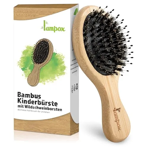 lampox Kinder Haarbürste Bambus mit Wildschweinborsten Kopfmassage Haarpflege, Entwirrbürste für lange Haare & Locken von Damen, Herren & Kinder, Massagebürste für die Kopfhaut, Detangler