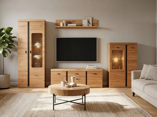 moebel-dich-auf Wohnwand KOS in Artisan Eiche mit Softclose - Elegantes Wohnzimmer-Set mit Vitrine, Lowboard und Wandboard in Artisan Eiche. Mit Soft-Close-Funktion und optionalem Couchtisch für stilvollen Stauraum. Ideal für moderne Einrichtungen.