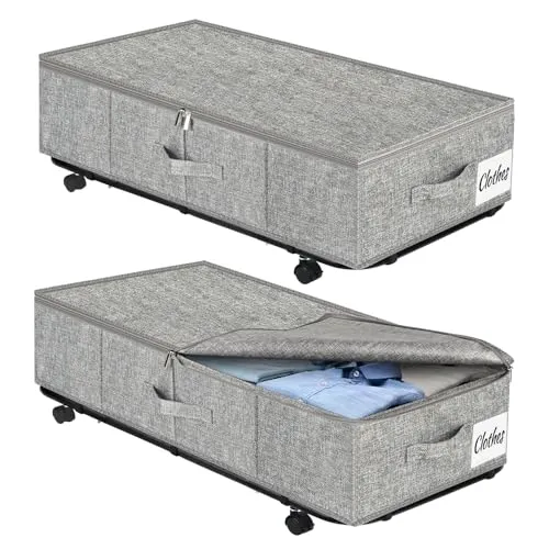 Kukikan Unterbett Aufbewahrungsbox mit Rollen & 3 Griffen, 2er Set Faltbare Unterbett Kommode 50L, Faltbare Aufbewahrungsbox mit Metallrahmen für Kleidung, Schuhe, Bettdecken, Decken
