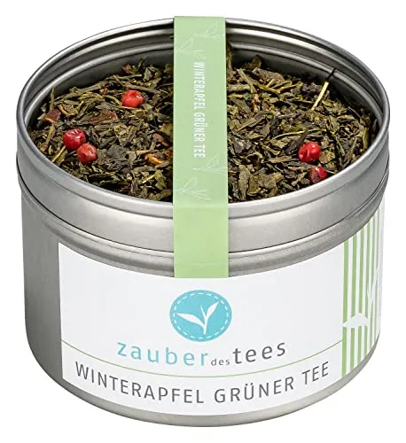 Zauber des Tees Grüner Tee Winterapfel - winterlich-fruchtiger Geschmack, Wintertee mit Apfelstücken und Zimt, Top-Qualität in wiederverschließbarer Aroma-Dose, 50 g