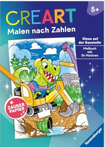 Ravensburger CreArt Malen nach Zahlen ab 5: Dinos auf der Baustelle, Malbuch, 24 Motive, Zauberpapier