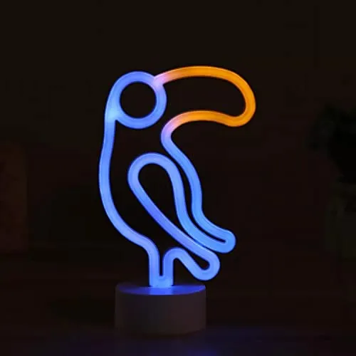 Neonlicht Vogel blau orange mit Fuß Sockel NEON LED Licht batteriebetrieben Aufsteller Tischlampe Leuchtreklame Lampe Leuchte Dekoration Kinderzimmer Schlafzimmer Beleuchtung Party Nachtlicht Stand