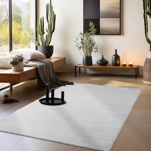 HomebyHome Teppich Wohzimmer 240x340cm Silber Waschbarer Kurzflor Teppiche Einfarbig Design-Küchenteppich Waschbar rutschfest Extra Weich Flauschiger Teppiche für Schlafzimmer, HH-SKY2403405400SILVER